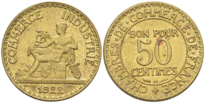 Франция 50 сантимов 1922 тип Chambre de Commerce KM 884, Le Franc 191.5 алюминиевая бронза 211-649