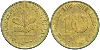 ФРГ 10 ПФЕННИГОВ 1977 F KM 108, J. 383 сталь плакированная латунью 219-515