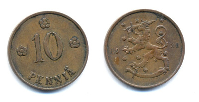 Финляндия 10 пенни 1930 республика (1918-1962) KM 24 медь 51-5322