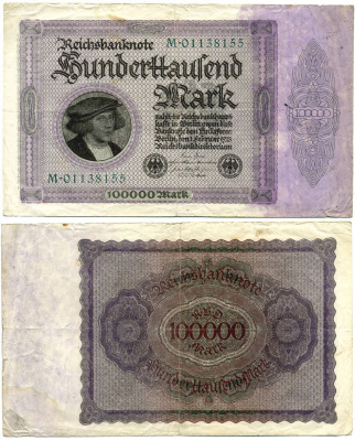 Германия 100000 марок 1923 Георг Гизе, без T под портретом, 8 цифр в номере Pick 83 a, Розенберг 82 а бумага 434-3-2-2