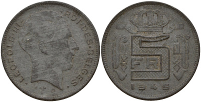 Бельгия 5 франков 1945 DES BELGES, Леопольд III (1934-1947) KM 130 цинк 4161-951