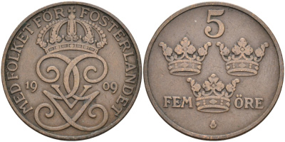 Швеция 5 эре 1909 Густав V (1907-1950), большой крест KM 779.2 бронза 4557-536