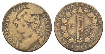 Франция 12 денье 1791 A, Людовик XVI (1774-1792) KM 600 бронза 5010-343