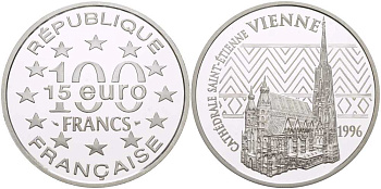 Франция 100 франков - 15 евро 1996 серия архитектурные монументы европы, кафедральный собор Сент-Этьен в Вене KM 1140 серебро PROOF 1074-5-41