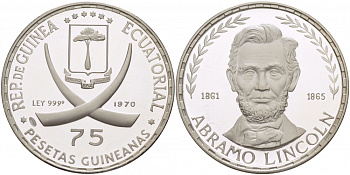Экваториальная Гвинея 75 песет 1970 Авраам Линкольн, Президент США (1861-1865) KM 10.1 серебро PROOF 1071-10-53