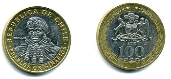 Чили 100 песо 2010 индейцы Мапуче KM 236 биметалл 41-621