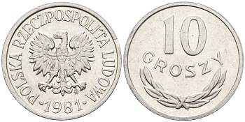 Польша 10 грошей 1981 MW, Народная Республика KM АА47, Parchimowicz 206u алюминий aUNC 4580-632