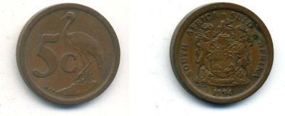 ЮАР 5 ЦЕНТОВ 1994 ПТИЦА медь 4-924