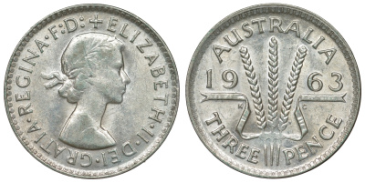 Австралия 3 пенса 1963 m, Елизавета II (1952-2022) KM 57 серебро 71-836