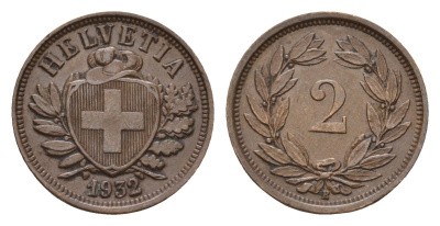 Швейцария 2 раппена 1932 B KM 4.2a бронза 46-935