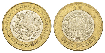 Мексика 10 песо 2010 Мо, бог Тонатиуха с огненной маской KM 616 биметалл aUNC 4637-726