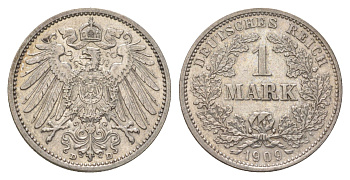 Германия 1 марка 1909 D, Вильгельм II (1888-1918) KM 14, J. 17 серебро 4626-215