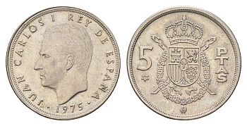 Испания 5 песет 1975 (77) Хуан Карлос I (1975-2014) KM 807 медно-никель aUNC 4671-1026