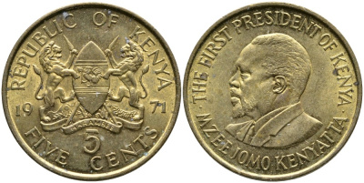 Кения 5 центов 1971 Джомо Кениата KM 10 никель латунь 4529-946