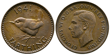 Великобритания 1 фартинг 1941 Георг VI (1936-1952) KM 843, Spink 4116 бронза 51-634