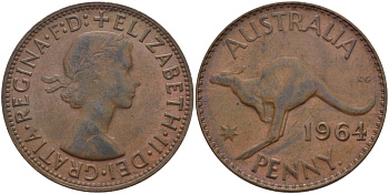 АВСТРАЛИЯ 1 ПЕННИ 1964 p, ЕЛИЗАВЕТА II (1953-), КЕНГУРУ KM 56 бронза 82-813