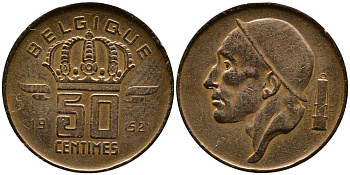 БЕЛЬГИЯ 50 САНТИМОВ 1952 BELGIQUE KM 144 бронза 4387-641