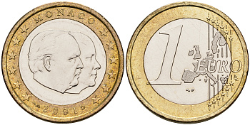 МОНАКО 1 ЕВРО 2001 ПРИНЦ РЕНЬЕ И ВЕЛИКИЙ ПРИНЦ АЛЬБЕРТ KM 173 биметалл UNC 4546-254