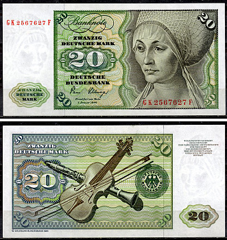 ФРГ 20 марок 1980 Эльсбет Тухер (Альбрехт Дюрер), скрипка, кларнет, Deutsche Bundesbank Pick 32 d  бумага  aUNC 451-920-2