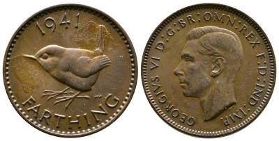 Великобритания 1 фартинг 1941 Георг VI (1936-1952) KM 843, Spink 4116 бронза 51-634