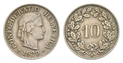 Швейцария 10 раппенов 1929 B KM 27 медно-никель 4532-1151