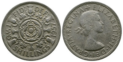 Великобритания 2 шиллинга (флорин) 1957 Елизавета II (1952-2022) KM 906, Spink 4146 медно-никель 4382-131