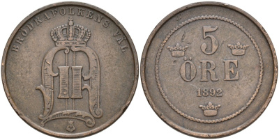 Швеция 5 эре 1892 Оскар II (1872-1907) король Швеции и Норвегии KM 757 бронза 4557-524