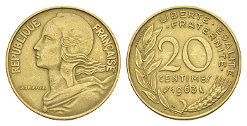 Франция 20 сантимов 1963 KM 930 алюминиевая бронза 4539-417