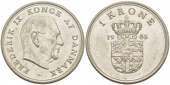ДАНИЯ 1 КРОНА 1965 C; S, ФРЕДЕРИК IX (1947-1972) KM 851.1 медно-никель 86-931