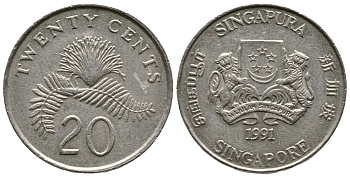 Сингапур 20 центов 1991 KM 52 медно-никель 93-1047