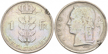 БЕЛЬГИЯ 1 ФРАНК 1958 BELGIQUE KM 142.1 медно-никель 68-623