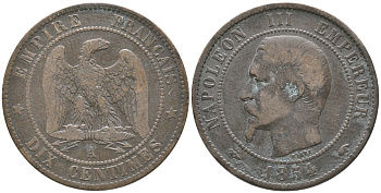 ФРАНЦИЯ 10 САНТИМОВ 1854 A, НАПОЛЕОН III (1852-1870) KM 771.1 бронза 56-1415