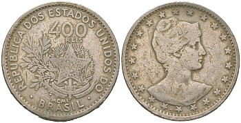 Бразилия 400 реалов 1901 MCMI, голова свободы вправо KM 505 медно-никель 4612-436