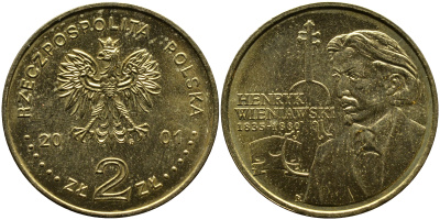 Польша 2 злотых 2001 MW, Генрик Венявский (1835-1880) KM 426 нордик UNC 4521-1143