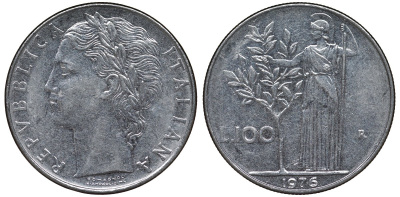 Италия 100 лир 1976 R, Афина в доспехах KM 96.1 нержавеющая сталь 4123-1235