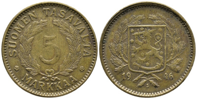 ФИНЛЯНДИЯ 5 МАРОК 1946 KM 31а латунь 34-1053