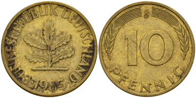 ФРГ 10 пфеннигов 1985 G J. 383, KM 108 сталь плакированная латунью    4603-537