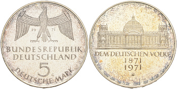 ФРГ 5 марок 1971 G, 100 лет основания Германской Империи KM 128.1, J. 409 серебро PROOF 02-265-55