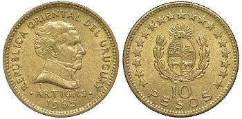 Уругвай 10 песо 1965 KM 48 алюминиевая бронза 4574-633