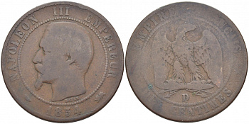 ФРАНЦИЯ 10 САНТИМОВ 1854 D, НАПОЛЕОН III (1852-1870) KM 771.4 бронза 114-1246