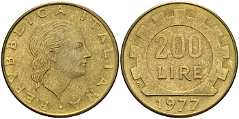 Италия 200 лир 1977 R, шестерня KM 105 алюминиевая бронза 4171-934