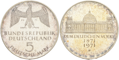 ФРГ 5 марок 1971 G, 100 лет основания Германской Империи KM 128.1, J. 409 серебро PROOF 02-265-55