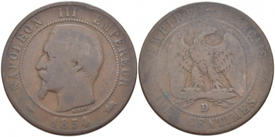 ФРАНЦИЯ 10 САНТИМОВ 1854 D, НАПОЛЕОН III (1852-1870) KM 771.4 бронза 114-1246