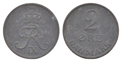 Дания 2 эре 1961 C; S, Фредерик IX (1947-1972) KM 840 цинк 4658-262