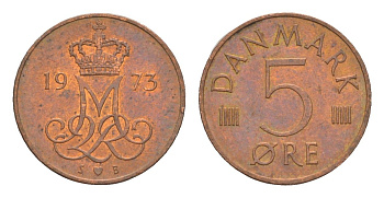 Дания 5 эре 1973 S, Маргрете II (1972-2024) KM 859 железо плакированная медью 4639-812