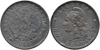 Аргентина 2 сентаво 1885 голова свободы влево KM 8 бронза 4531-534