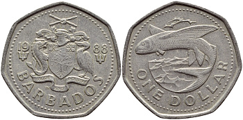 Барбадос 1 доллар 1988 летучая рыба KM 14.2 медно-никель 4398-251