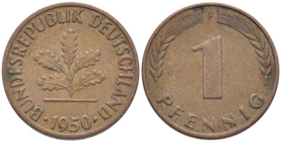 ФРГ 1 ПФЕННИГ 1950 F KM 105, J. 380 сталь плакированная медью 116-351
