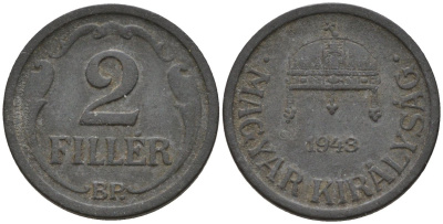 Венгрия 2 филлера 1943 BP KM 519 цинк 4174-916