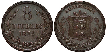 Гернси 8 даблов (дублей) 1874 KM 7 бронза 650-1032